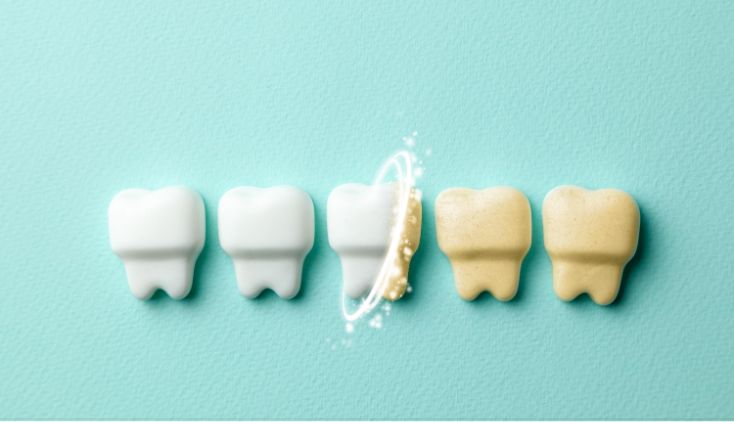 Five fake teeth on a blue background, The ones on the left are white, the ones on the right are stained.